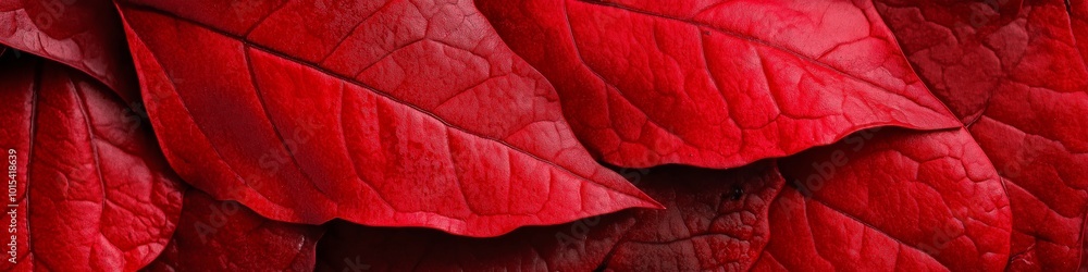 Poster a close up of a red leaf with a shiny, wet appearance. the leaf is surrounded by other red leaves, c