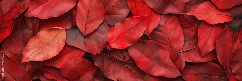 Poster a close up of red leaves with a wet look. the leaves are arranged in a way that creates a sense of d