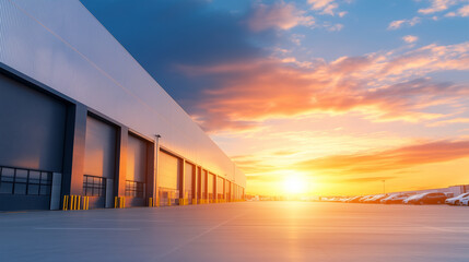 Logistics warehouse and car repair facility with a bright sky backdrop A modern, multi-purpose building serves both as a warehouse for cargo logistics and a car repair service. The