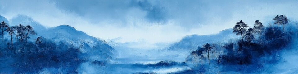Obraz premium A painting of a mountain range with a blue sky and a body of water. The mood of the painting is serene and peaceful