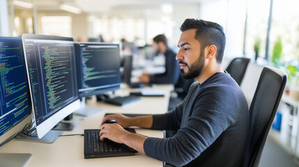 A high-angle view captures a focused software developer working at their desk in a sleek, modern office. Multiple computer monitors display lines of code and data systems, reflecti