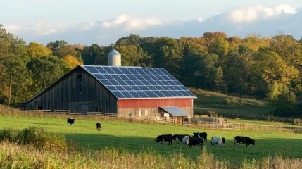 Obraz premium A scenic shot of a rural farm with solar panels integrated into the barn roof, with livestock grazing nearby.