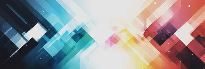 Abstract geometric design with blue, green, red, orange, and white shapes.