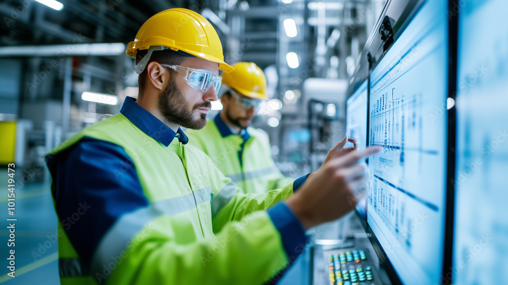 Poster engineers supervising the process of green hydrogen creation in a high-tech facility a team of engin