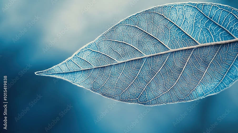 Poster a sharp focus on a blue leaf with a hazy sky in the background of the photograph