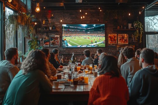 A group of people are watching a football game at a bar