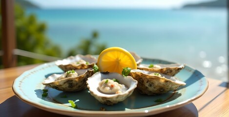 Oysters on a plate with lemon, beautifully decorated, lie on a beautiful plate on a table against the background of the ocean, sunny weather