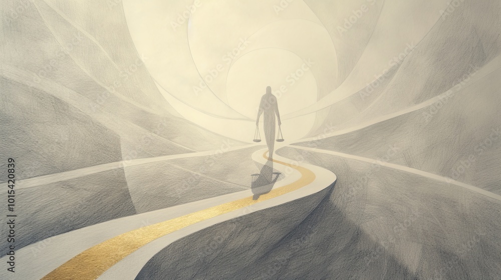 Poster a mysterious figure walks on a winding path while holding scales, symbolizing balance. the image is 