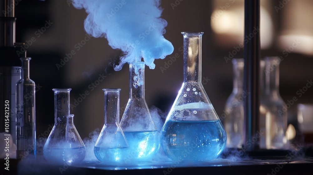 Aufkleber A close-up view of a laboratory experiment with five beakers, some filled with blue liquid and emitting blue smoke. The beakers are arranged on a table in front of a blurred background.
