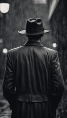 Noir film back view of 40s detective wearing hat standing under the rain with hands in pockets