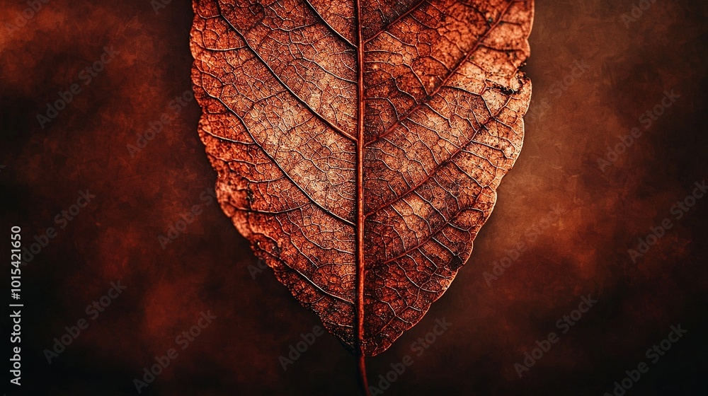 Poster a detailed photo of a rusty leaf against a dark backdrop with a warm illumination emanating from the