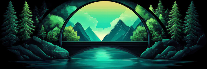 Fototapeta premium A whimsical view through an archway, revealing a serene mountain landscape framed by lush greenery and a shimmering lake.