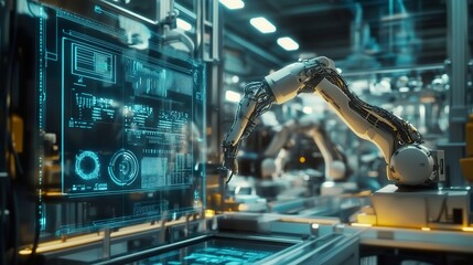 Fototapeta premium A futuristic factory scene showcasing advanced robotic arms working seamlessly under the supervision of an AI monitoring system, with digital interfaces displaying real