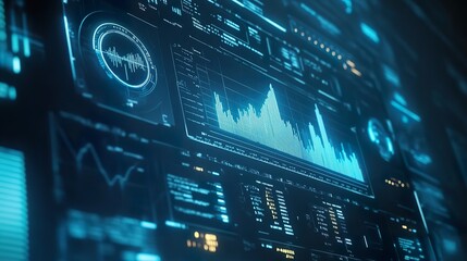 Fototapeta premium A futuristic interface displaying a rising bar graph and financial analysis symbols, set against a clean blue backdrop 32k,