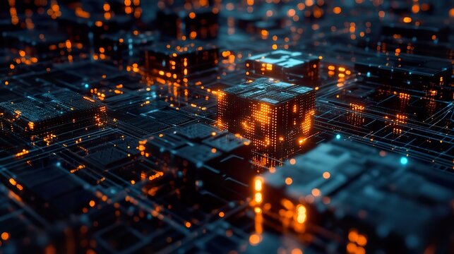 A futuristic network of interconnected encrypted blocks, glowing with binary code and secured by AI