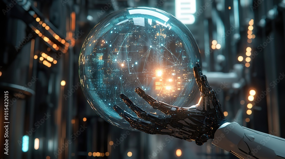 Poster a glowing futuristic data sphere being accessed by robotic fingers, connected to a deep learning net