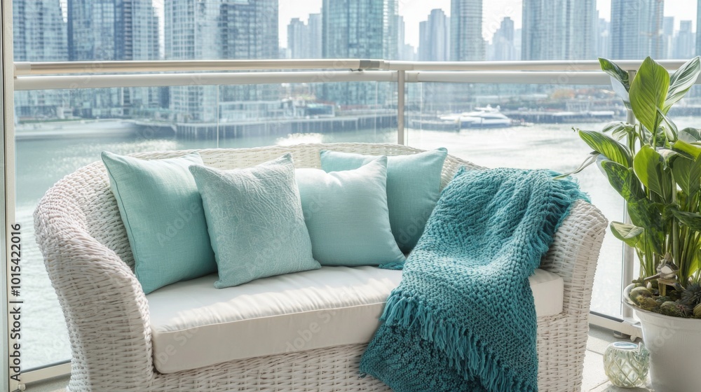Poster a chic wicker sofa with turquoise cushions and a soft throw sits on a balcony, providing a stunning 