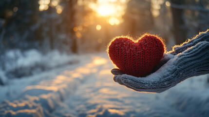 pair of hands holds a knitted red heart against a snowy backdrop, symbolizing warmth and love amidst the cold, inviting feelings of compassion, connection, and comfort during winter