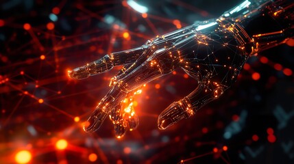 A glowing network of data points and circuits, connecting to a robotic hand reaching toward advanced machine learning algorithms 32k,