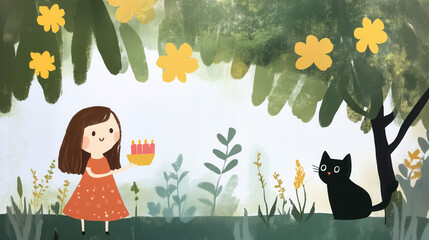 Cat birthday, cat with girl, celebration, cartoon, children, illustration, happy, garden, cute, adorable, cake