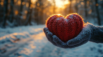 pair of hands holds a knitted red heart against a snowy backdrop, symbolizing warmth and love amidst the cold, inviting feelings of compassion, connection, and comfort during winter