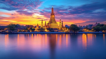 Obraz premium A serene view of Wat Arun temple in Bangkok, with its spires lit up at sunset, reflecting on the Chao Phraya River.