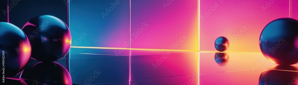 Poster abstract futuristic scene with vibrant neon lights and reflective spheres, creating a visually strik