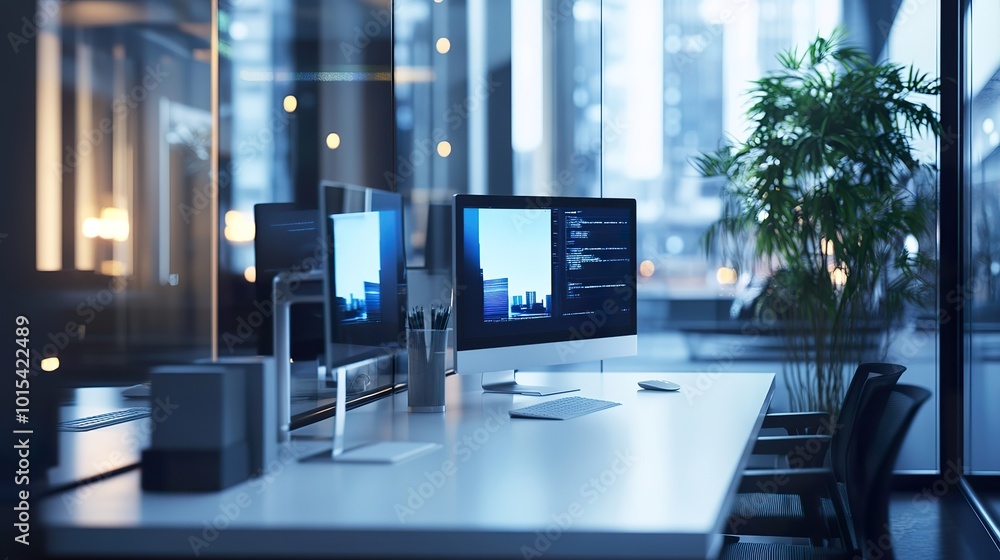 Poster a sleek workspace environment featuring advanced technology tools for hr recruitment and customer se
