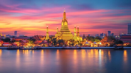 A serene view of Wat Arun temple in Bangkok, with its spires lit up at sunset, reflecting on the Chao Phraya River.