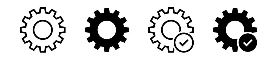 Gear icon set, gear with check mark icon tick symbol. black gear wheel icons collection. Cogwheel vector icon
