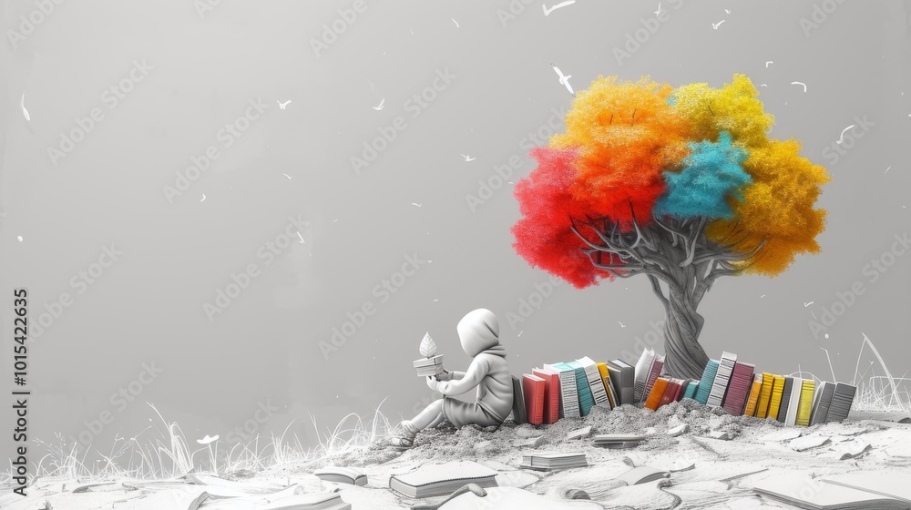 Poster a hooded figure sits under a vibrant, multicolored tree, surrounded by open books scattered on the g