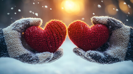 pair of hands holds a knitted red heart against a snowy backdrop, symbolizing warmth and love amidst the cold, inviting feelings of compassion, connection, and comfort during winter
