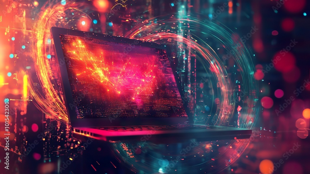 Poster a visually striking abstract depiction of data science analytics, featuring a laptop and swirling gr