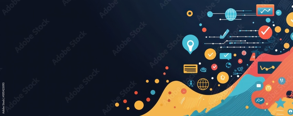 Poster abstract digital background with colorful icons and wave design, ideal for technology or business pr