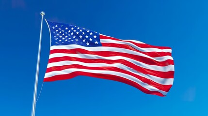 A waving American flag against a clear blue sky, symbolizing Veterans Day, with vibrant colors and detailed fabric texture