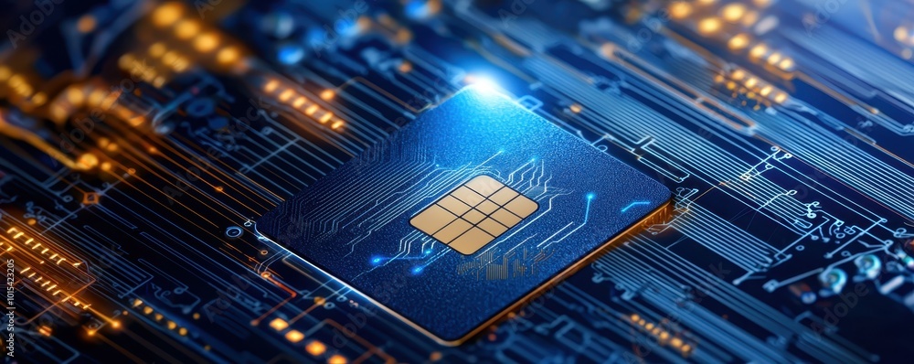 Poster close-up of a microchip on a blue circuit board, representing advanced technology and electronics in