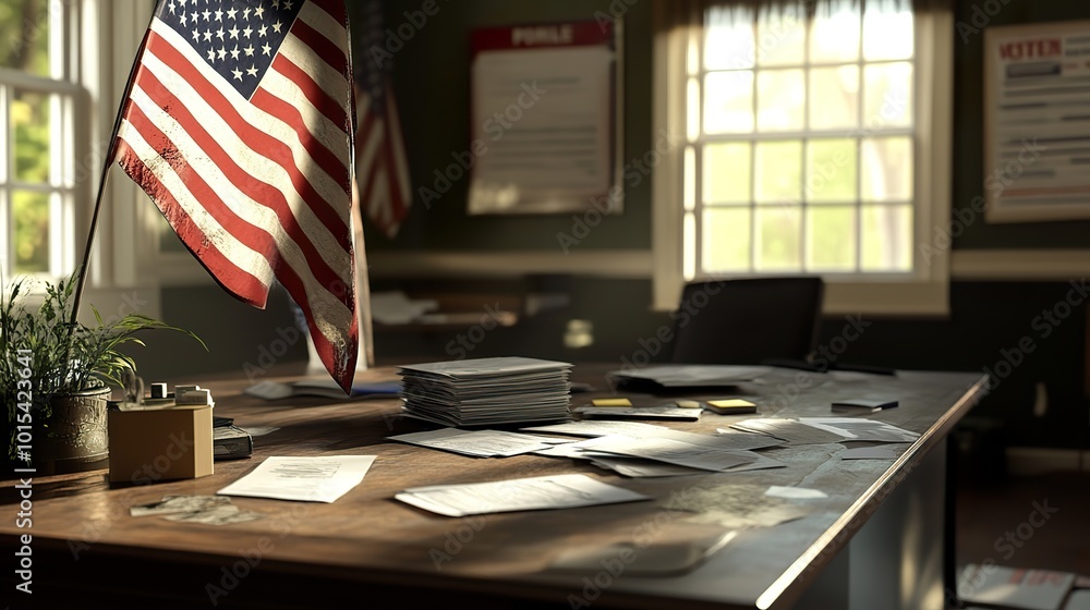 Poster an artistic view of a polling place featuring an american flag, with ballots and voting materials ar
