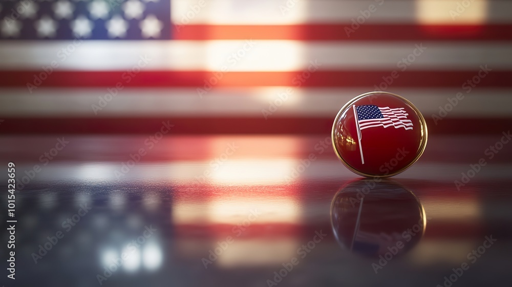 Poster an artistic view of a voting badge button, reflecting light against the backdrop of the united state