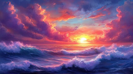 Fototapeta premium Vibrant sunset with colorful clouds and waves, creating a serene and artistic landscape.