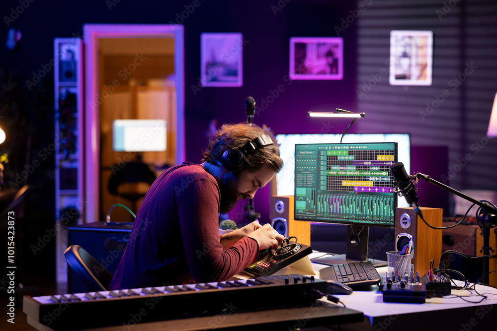 Poster songwriter musician mixing and mastering songs on console, using daw software interface to add sound