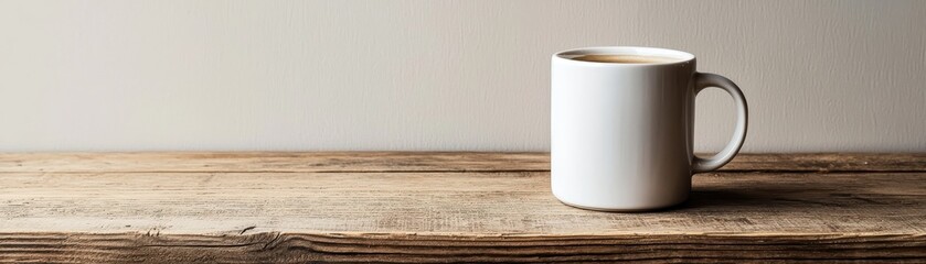 White ceramic coffee mug on a rustic wooden table with a plain background, perfect for coffee or tea product advertising, and minimalist design.
