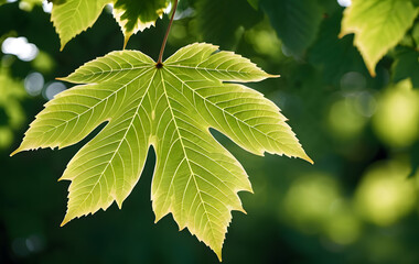 A chestnut leaf in summer against a background in delicate bokeh in the colors white grape and garden green, Germany.