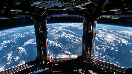 Naklejka premium a view from inside a spacecraft or space station, looking out through three large windows. The windows reveal a stunning view of Earth from space
