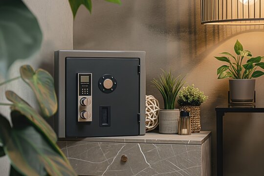 Gray marble countertop with black safe, silver handle, white keypad, and two brown vases with green plants. Harmonious balance creates tranquil atmosphere in indoor space.