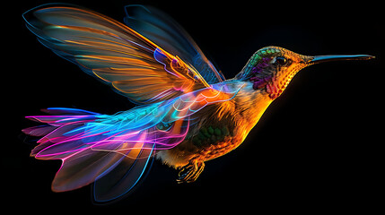 Fototapeta premium a vibrant and colorful depiction of a hummingbird in flight against a black background. The hummingbird is illustrated with a mix of bright colors, including shades of orange, pink, and blue