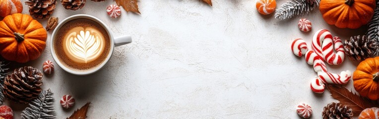 Obraz premium Cozy fall corner with pumpkins, sweaters, and hot chocolate on rustic wood