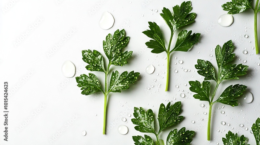 Poster   A cluster of verdant foliage resting atop a pure background with droplets cascading from the leaves