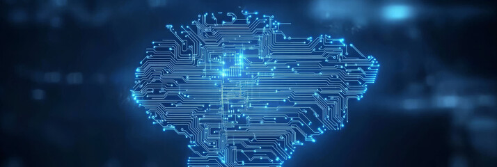 A digital representation of a brain, with circuit board imagery and a glowing blue light.