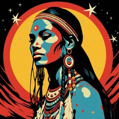 native american woman vector with bright colors