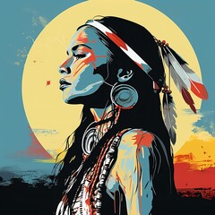native american woman vector in moonlight